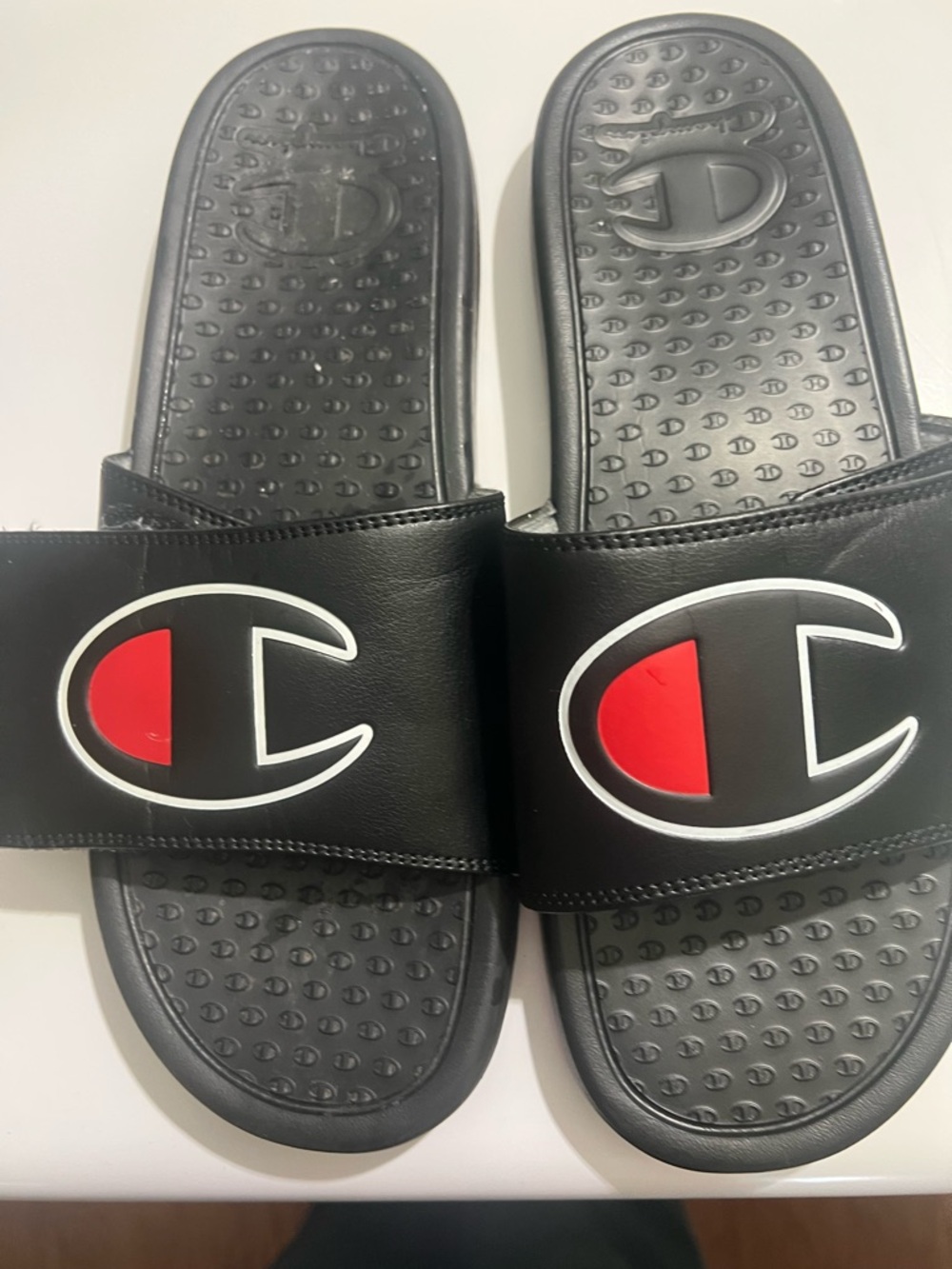 Champion Black Slide Sandals with Red Logo Accent